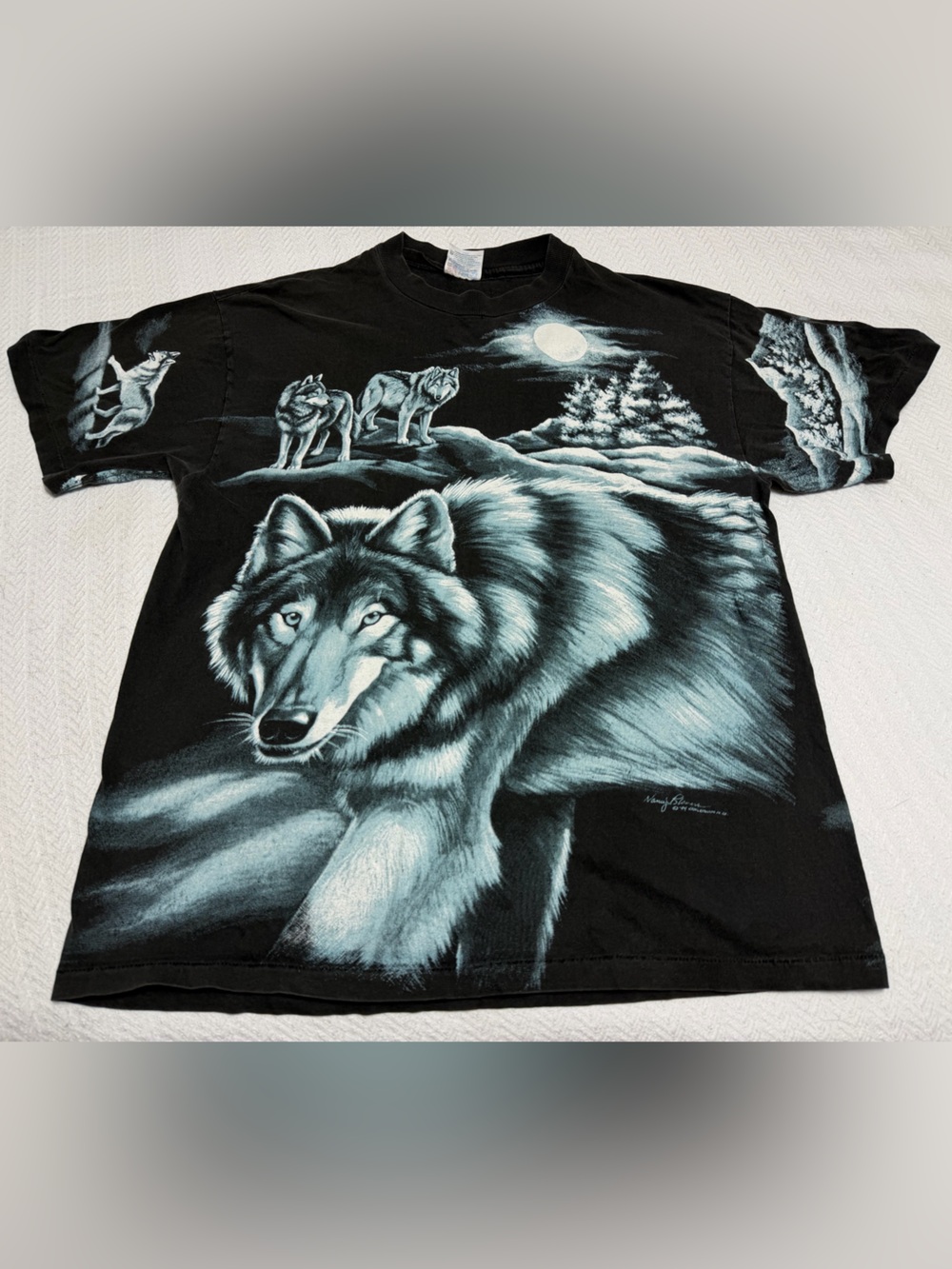 Vintage 90s Nancy Blauers All Over Print AOP Wolf Nature Single Stitch Shirt L